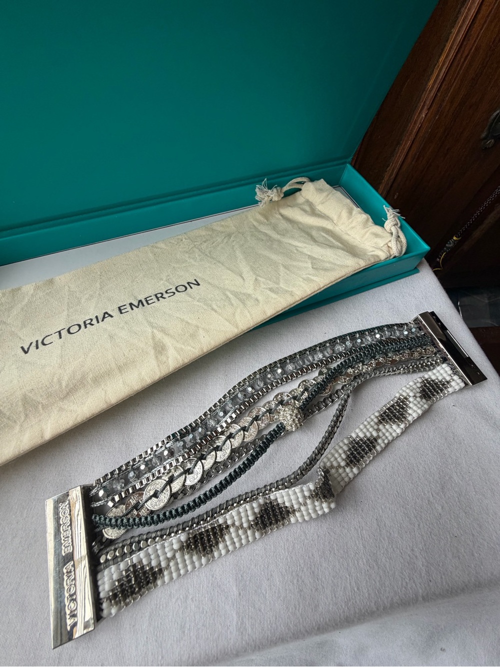 Victoria Emerson Gray White Beaded Crystal Wrap Bracelet NIB Boho Cuff
